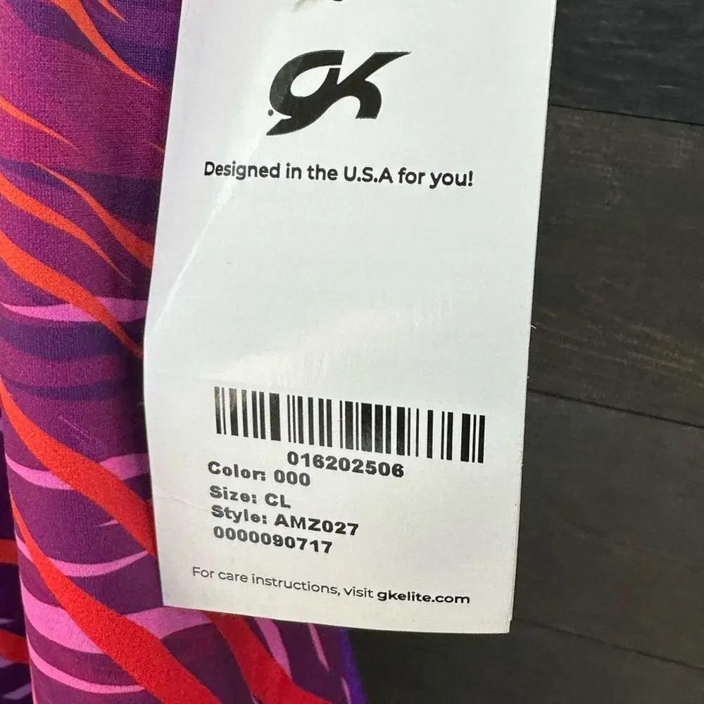 GK ELITE NWT Gymnastics Leotard ROYAL JESTER Show Stopper Purple Orange Child L